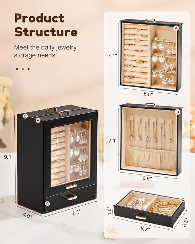 Homde Mothers Day Gifts Jewelry Organizer Box for Women Girls Necklaces Rings Earrings Bracelets Storage Case (Black + Gold)