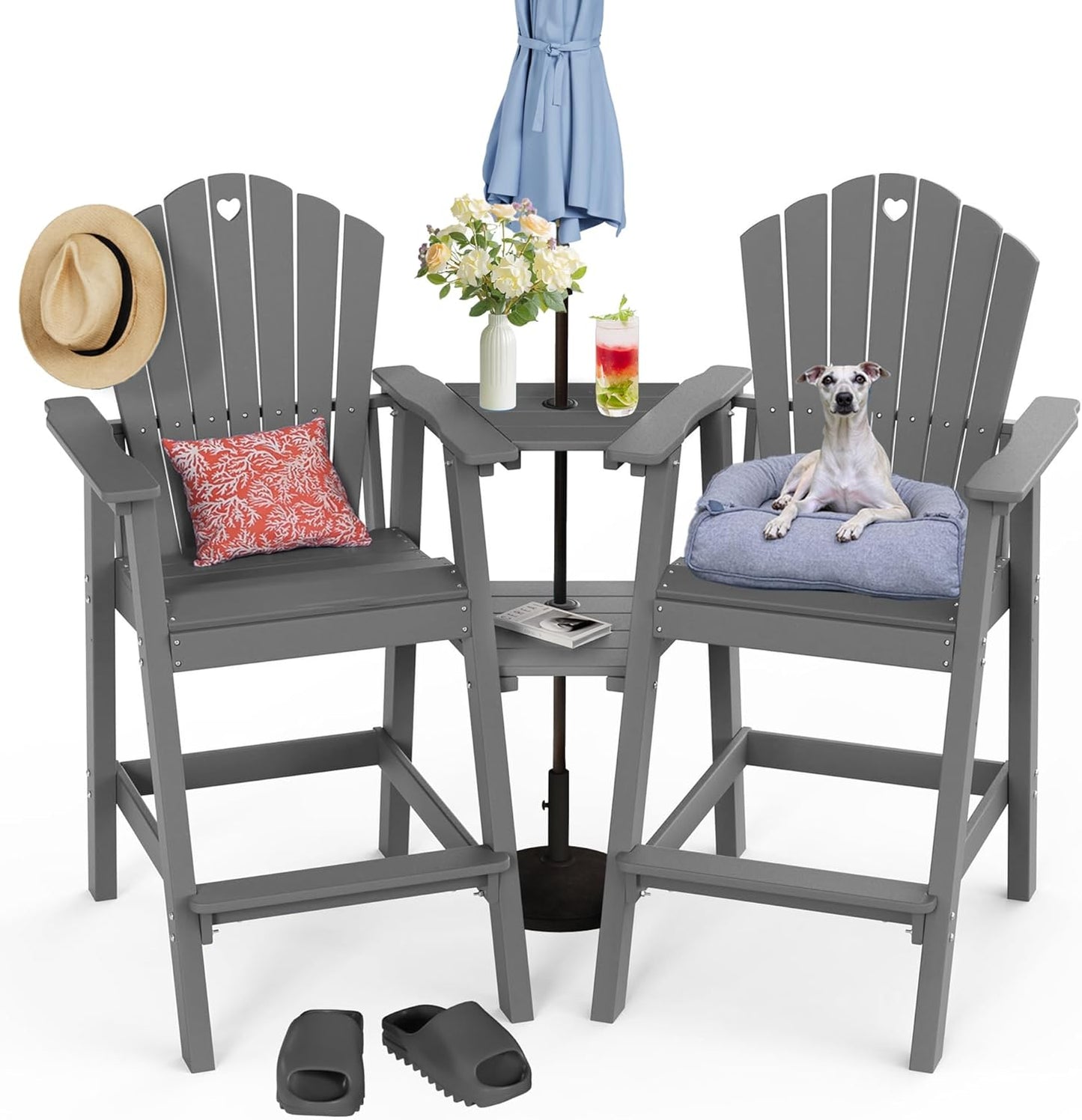Tall Adirondack Chairs Set of 2 with Double Layer Connecting Table, HDPE Bar Height Outdoor Table and Chairs with Umbrella Hole, All Weather Outdoor Bar Stools for Patio, Deck, Backyard (Grey)