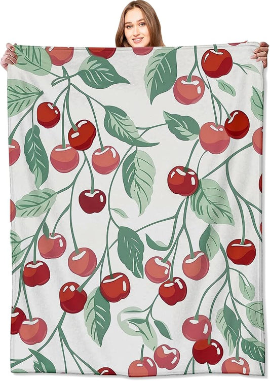 Cherry Blanket Fresh Red Fruit Throw Blankets with Green Leaves,Birthday Gifts for Kids Adult Women,Lightweight Soft Fleece,for Sofa Couch Bed Room Farmhouse Summer Decor 60x80in