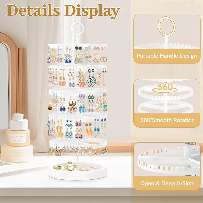 MODOWEY 5 Tier Rotating Earring Holder Organizer Display Tree with Wooden Tray, Adjustable Plastic Stand with 285 Slots for Stud Hoop Hanger, Large Capacity Storage Rack for Women Space Saving, White