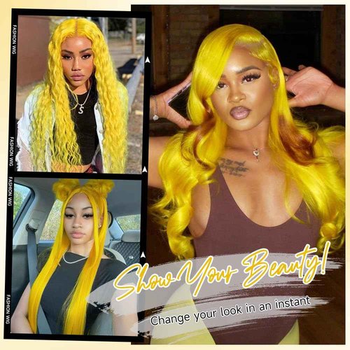 Gurdasa Yellow Wig Human Hair 13x4 Yellow Human Hair Wig 200 Density Body Wave Lace Front Wig Human Hair Colored Lace Front Wigs Pre Plucked with Natural Hairline HD Frontal Wigs for Parties 28 Inch