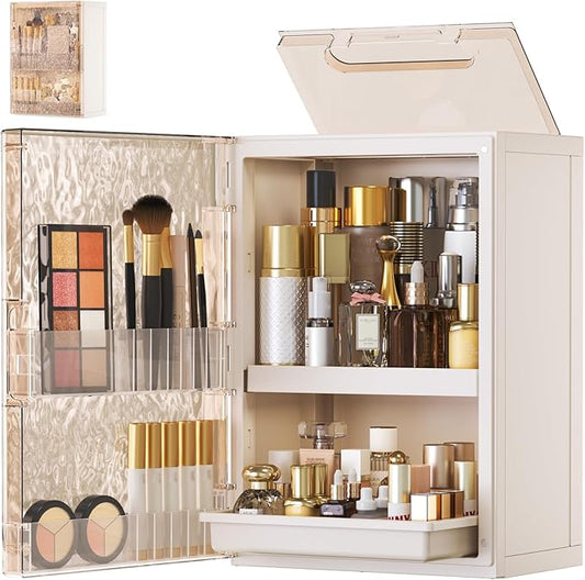 HAIXIN Makeup Organizer with Drawer & Brush Holder, Plastic Cosmetic Display Cases, Large Vanity Organizer Countertop Waterproof for Skincare, Perfume, Bathroom & Dresser (White & Amber)