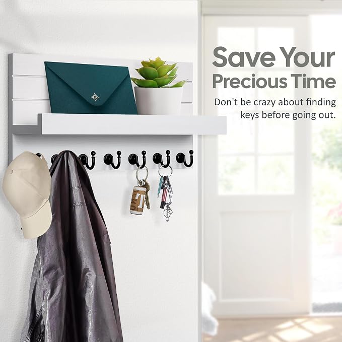 HONJIN Key Holder for Wall: Upgraded 7 Sturdy Key Hooks Easy Installation Mail Organizer Wall Mount Hanging Key Rack for Kitchen and Entryway Decor
