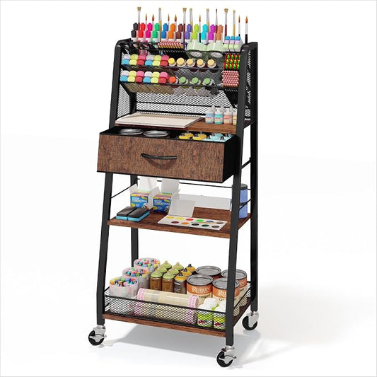 Homsorout 3 Tier Rolling Cart - Metal Utility Cart with Storage Drawer and Wheels, Versatile Art & Craft Organizer for Home, Office, or Studio - Ideal for Storing Brushes, Paints, and Supplies