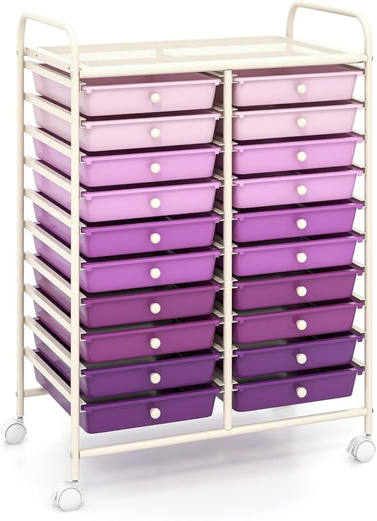 COSTWAY 20-Drawer Rolling Storage Cart, Utility Storage Organizer Cart for Tools, Scrapbook, Paper, Craft, Multipurpose Storage Trolley on Wheels for Home Office School, Purple Gradient