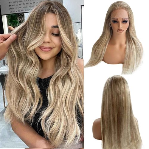 Belaved Lace Front Wigs Human Hair Highlight 13x4 Straight HD Transparent Real Human Hair Wig 150% Density Ombre Ash Brown to Blonde Glueless Lace Frontal for Women Pre Plucked 16 Inch