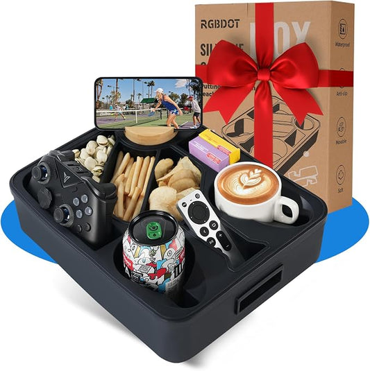 Couch Cup Holder Tray Dual Cup Silicone Snack & Drink Organizer – Waterproof Anti-Slip Large Couch Caddy Tray for Sofa Bed Car Camping, Dishwasher Safe No Spill Drink & Snack Couch Tray