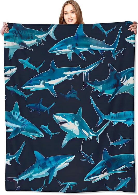 Blue Shark Blanket,Vibrant Deep Sea Sharks Throw Blankets,Gifts for Kids & Marine Life Lovers,Lightweight Soft Fleece,for Picnic Sofa Couch Bed Room Travel,Birthday Decor,50x60in