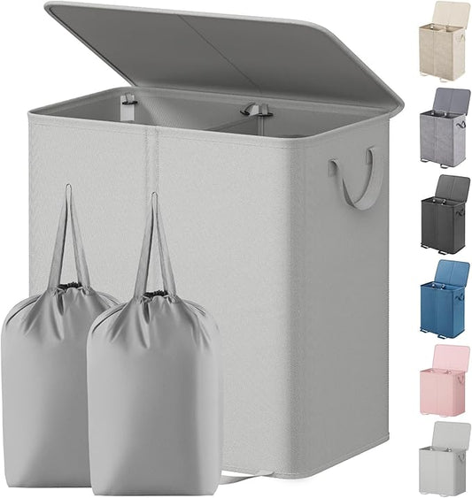 Lifewit Double Laundry Hamper with Lid and Removable Laundry Bags, Large Collapsible 2 Dividers Dirty Clothes Basket with Handles for Bedroom Laundry Room Closet Bathroom College, 136L Silver Gray