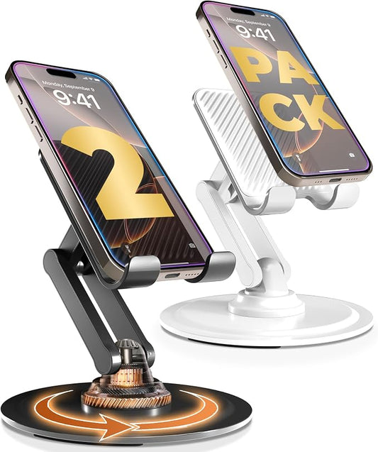 COOPER 360° Stand, [Gift Family Pack], Rotating Cell Phone Stand for Desk, Cell Phone Holder for Desk, iPhone Stand Holder, Sturdy Metal Base, Fits Samsung, Android Smartphones, (Black White, 2-Pack)