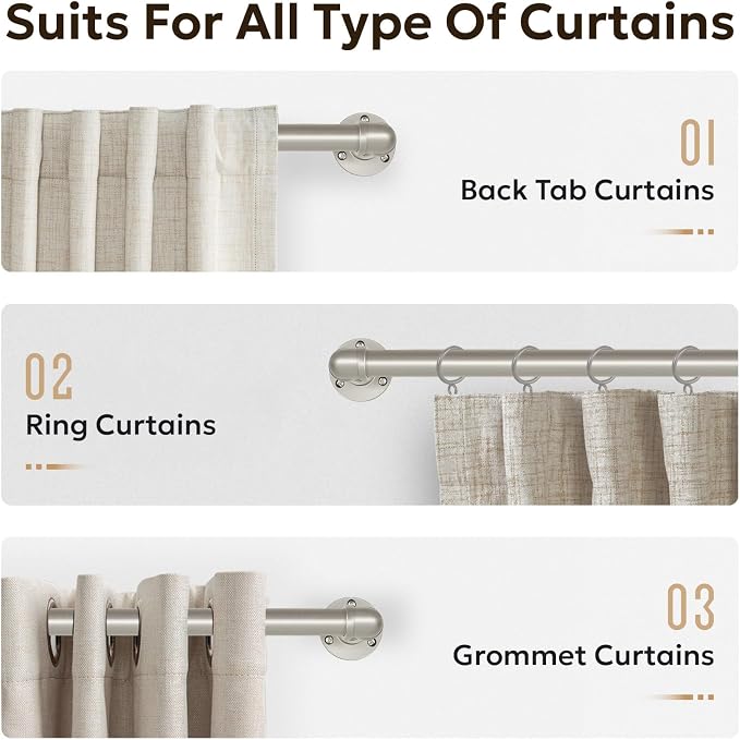 Zeerobee Curtain Rods for Windows 32 to 72, 1 Inch Industrial Wrap Around Brushed Nickel Curtain Rod, Indoor/Outdoor Room Divider Adjustable Drapery Pole, 32"-72"