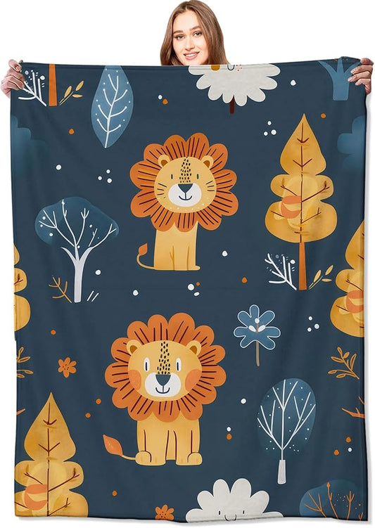 Lion Blanket Cute Cartoon Jungle Tree Throw Blankets,Birthday Gifts for Kids Adult & Animal Lovers,Lightweight Soft Fleece,for Sofa Couch Bed Room Rustic Safari-Themed Decor 50x60in
