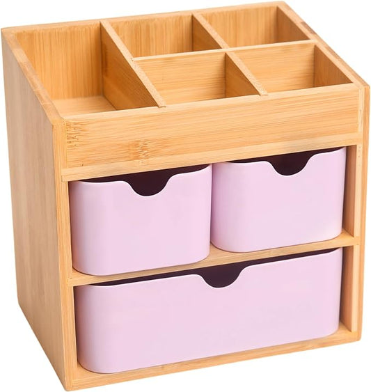 Bamboo Makeup Organizer with 3 Pink Drawers, Dresser Cosmetic Organizer Box,Bamboo Desk Organizer for Home with Adjustable Dividers