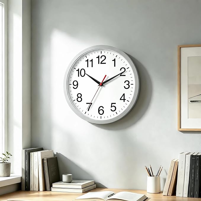 Rohioue 14 Inch Wall Clock Modern Battery Operated Silent Non Ticking Analog Clock Decorative for Bedroom Kitchen Bathroom Office Home Living Room (Silver)