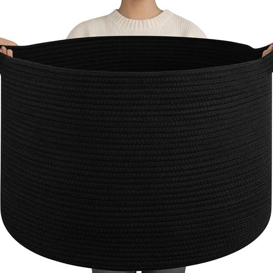OIAHOMY 115L Extra Large Blanket Basket for Living Room, 23.6" x 15.4" Woven Cotton Rope Laundry Basket for Organizing Pillows, Decorative Stuffed Animal Toy Storage for Nursery, Black