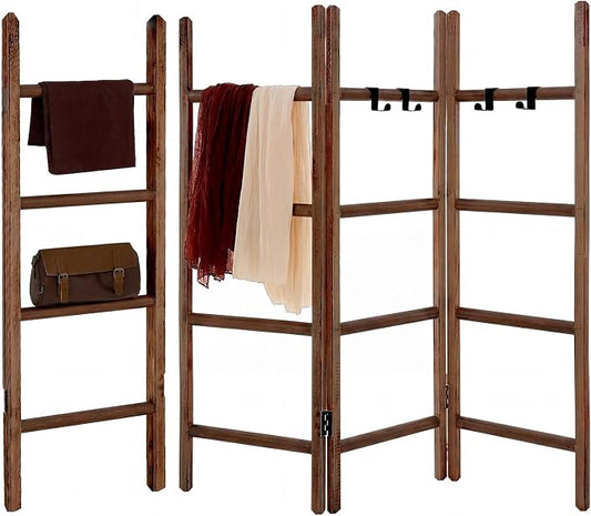 CroBlissful 3 Panel Blanket Ladder, 56.7" H Rustic Wood Quilt Display Rack, Foldable Free Standing Towel Ladder with 9 Hooks, Decorative Blanket Holder for Living Room Bedroom Bathroom Farmhouse Decor