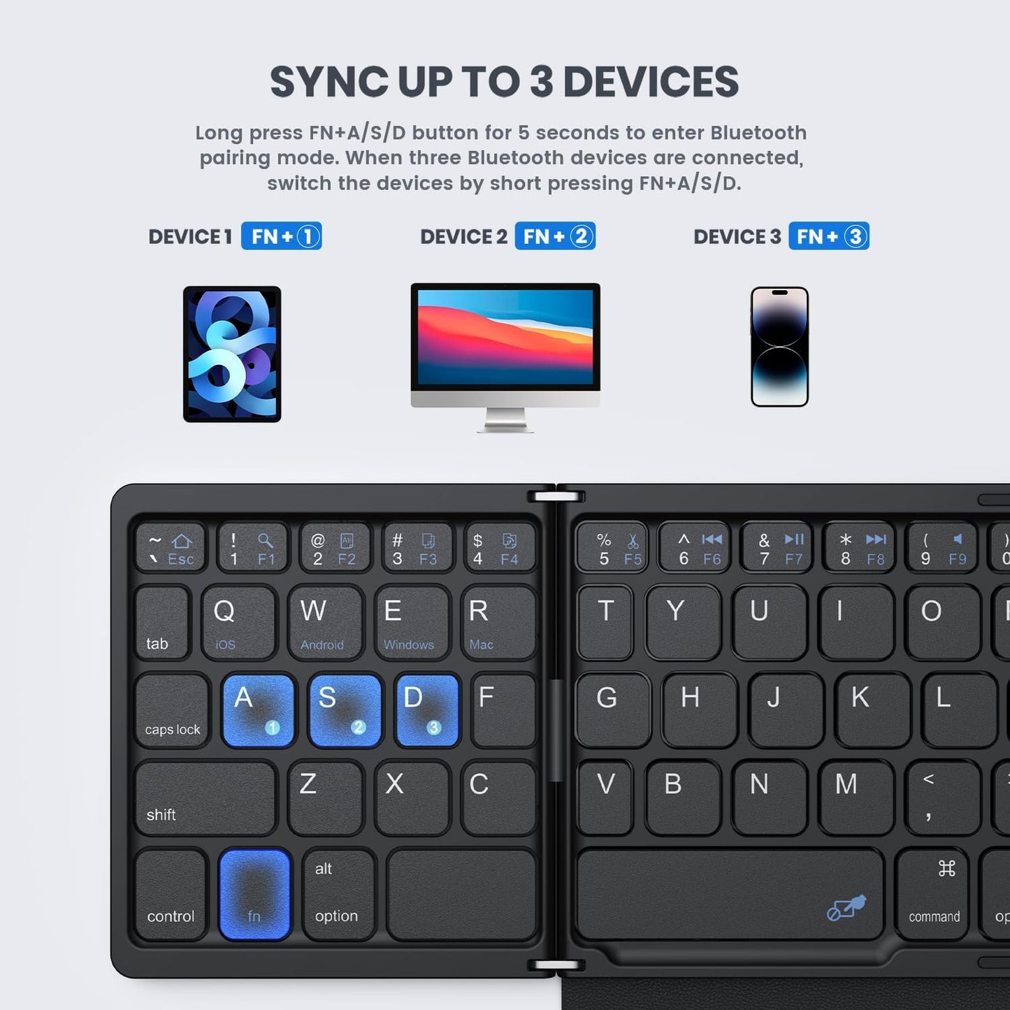 Foldable Bluetooth Keyboard, Portable Full Size Folding Keyboard with Large Touchpad, Numeric Keypad, PU Leather, Wireless TravelKeyboard for Windows Android Mac(Sync up to 3 Devices)