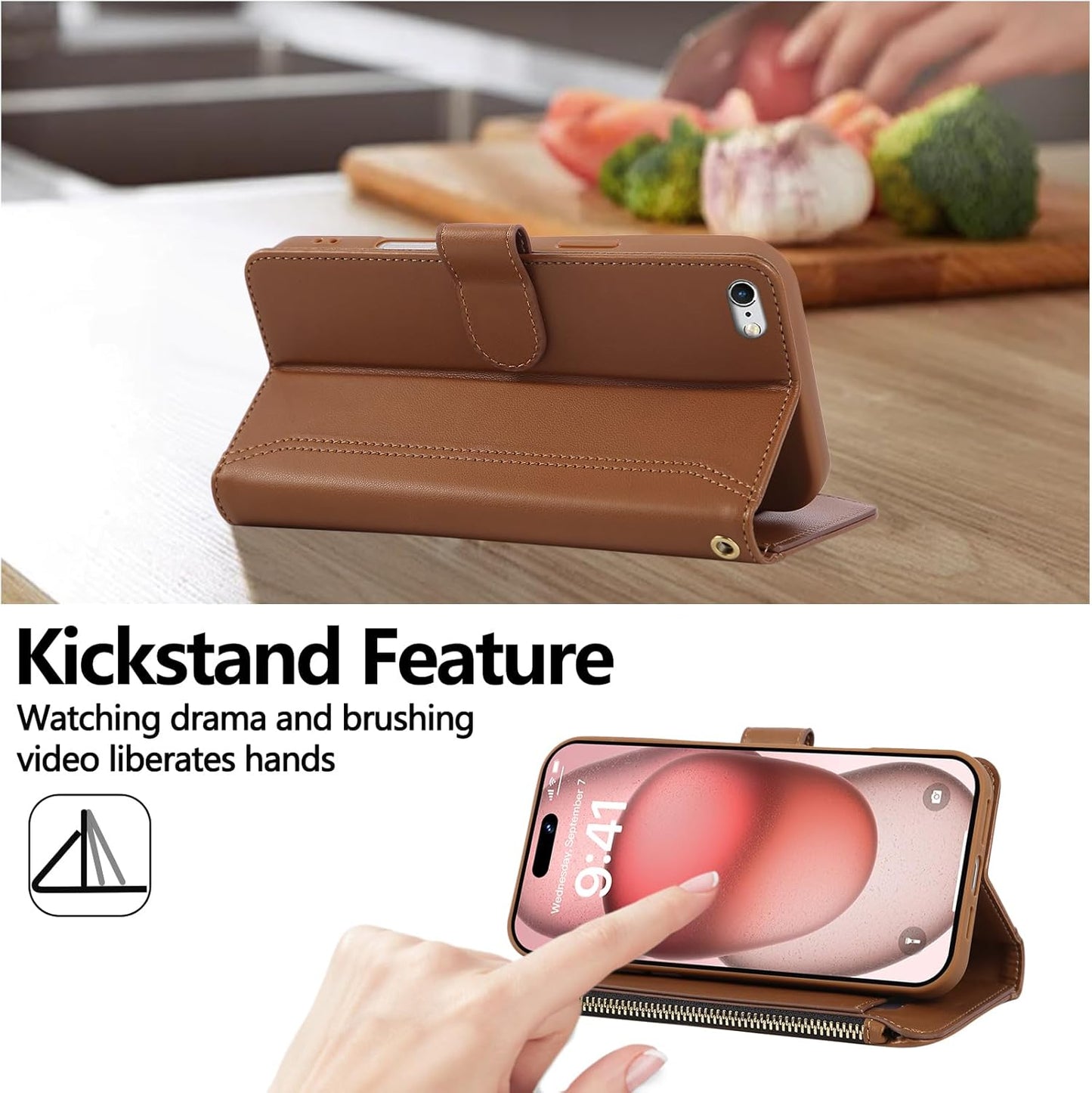 Compatible with iPhone 7/8/SE 2020/SE 2022 Wallet Case PU Leather Shockproof Protective Cover with Credit Card Slots, Zipper Pocket Detachable Wrist Strap,Unisex Design for Men/Women-Brown