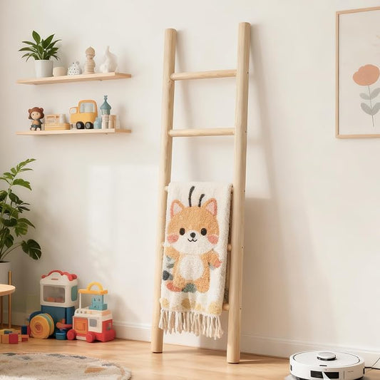 Wooden Blanket Ladder - 57in Natural Wood Color- Leaning Wall Decor for Bedroom, Bathroom, Living Room - Rustic Quilt Holder (Light Wood Color, 57in | Knock Down)
