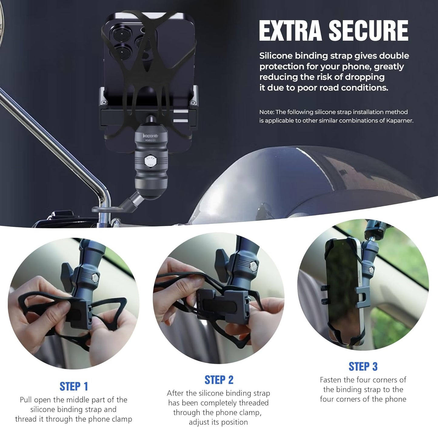 Motorcycle Phone Clip Kit, Anti-Theft Double Socket Arm/Angled Bolt-Head Adapter Ball Base for Mirrors Lever or Round Bar, Suitable for Width of 2.56-3.74" Phone (KPS-04)"