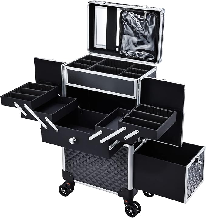 Professional Makeup Train Case Extendable Cosmetology Case on wheels | Rolling makeup station with a drawer and trays, ideal for makeup artists or dance competitions. Super organized.