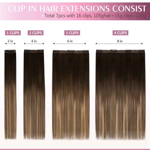 Fimislosion Real Hair Extensions Clip in Human Hair, Seamless Clip in Hair Extensions Real Human Hair, 20 Inch Clip ins extensions for women, Dark Brown to Chestnut Brown and Honey Blonde 120G 7Pcs