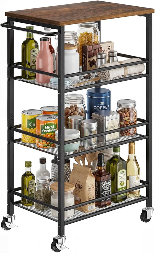 Pipishell Slim Storage Cart with Wheels, 4 Tier Rolling Bathroom Storage Cart with Handle and Wood Top, Metal Slim Kitchen Cart for Laundry Room, Bathroom, Kitchen, Narrow Space, Black & Rustic Brown