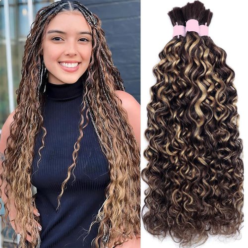 Lucasar Water Bulk Human Hair for Braiding 100g(One Bundle/Pack) Virgin Human Hair Curly Braiding Hair For Bohemian Knotless Boho Braids Highlight No Weft Human Hair Bundles For Braiding(24inch P4/27)