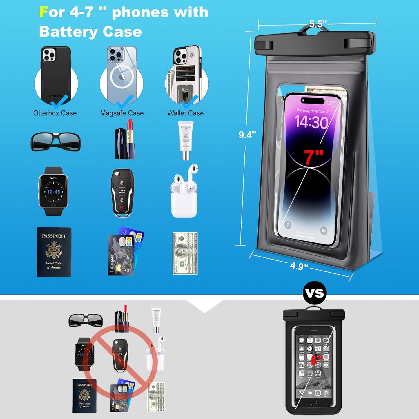 Waterproof Phone Pouch for Cruise Ship Essentials 2024 Woman, Large Waterproof Cellphone Dry Bag Floating for iPhone 16 15 14 13 12 11 Pro Max Galaxy S20-S24, Up to 7" IPX8 HD Touch Protector 2 Pack"