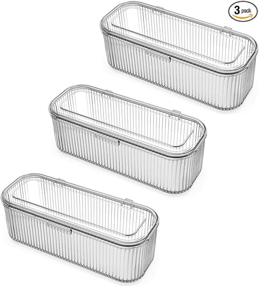 JessLab Makeup Brush Holder Organizer, Clear Makeup Sponges Organizer,Cosmetic Storage Case with Lid Display Case for Vanity, 1 Compartment (3 Pack)