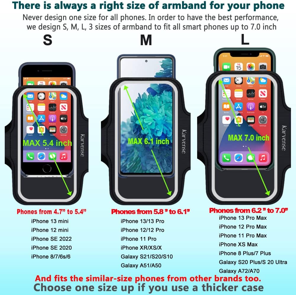 Phone Holder for Running, Karvense Phone Arm Bands for Running Exercise Workout Jogging, Cell Phones Armband for iPhone 16 Pro/16/16e/15 Pro/15/14 Pro/14/13 Pro/13/12, Samsung Galaxy S/A, to 6.3''