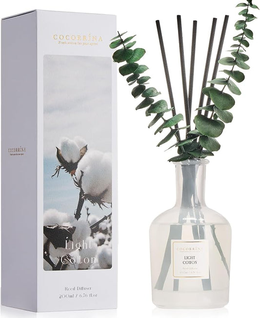 COCORRÍNA Light Cotton Reed Diffuser – 6.76 oz Essential Oil with 8 Reeds & Real Eucalyptus Sticks, Home Fragrance for Bedroom or Bathroom Décor