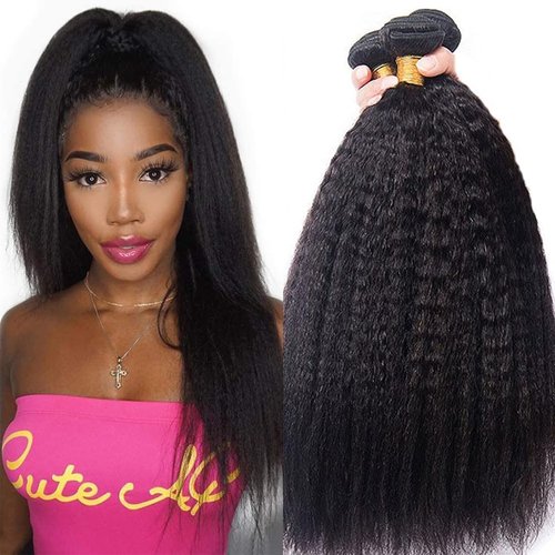 OLFORY Hair Bundles 12A Yaki Kinky Straight Human Hair 3 Bundles 100% Unprocessed Mongolian Virgin Human Hair Kinky Straight Bundles Yaki Hair Natural Color (16 18 20)