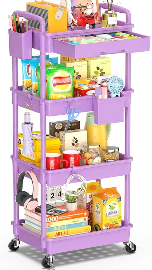 SUNALLY 4 Tier Rolling Cart Organizer with Drawer, Bathroom Storage Carts with Wheels & Plastic Shelf, Mobile Storage Organizers for Kitchen, Office, Laundry Room, Baby, Snack, Craft, Makeup, Purple