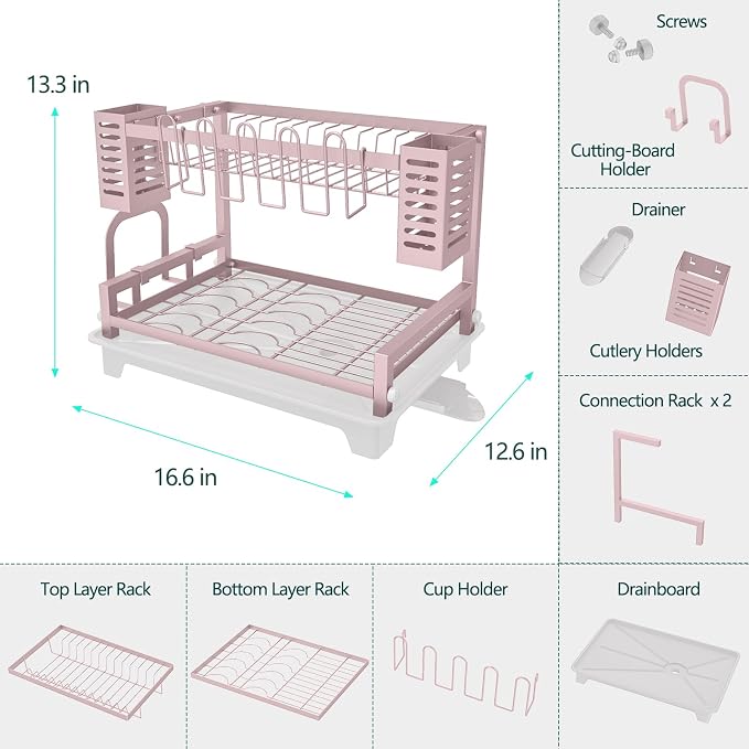 B-Land Dish Drying Rack, 2 Tier Dish Racks for Kitchen Counter, Large Dish Drying Rack with Drainboard & Utensil Holders, Rust-Proof Dish Drainers,Kitchen Organization