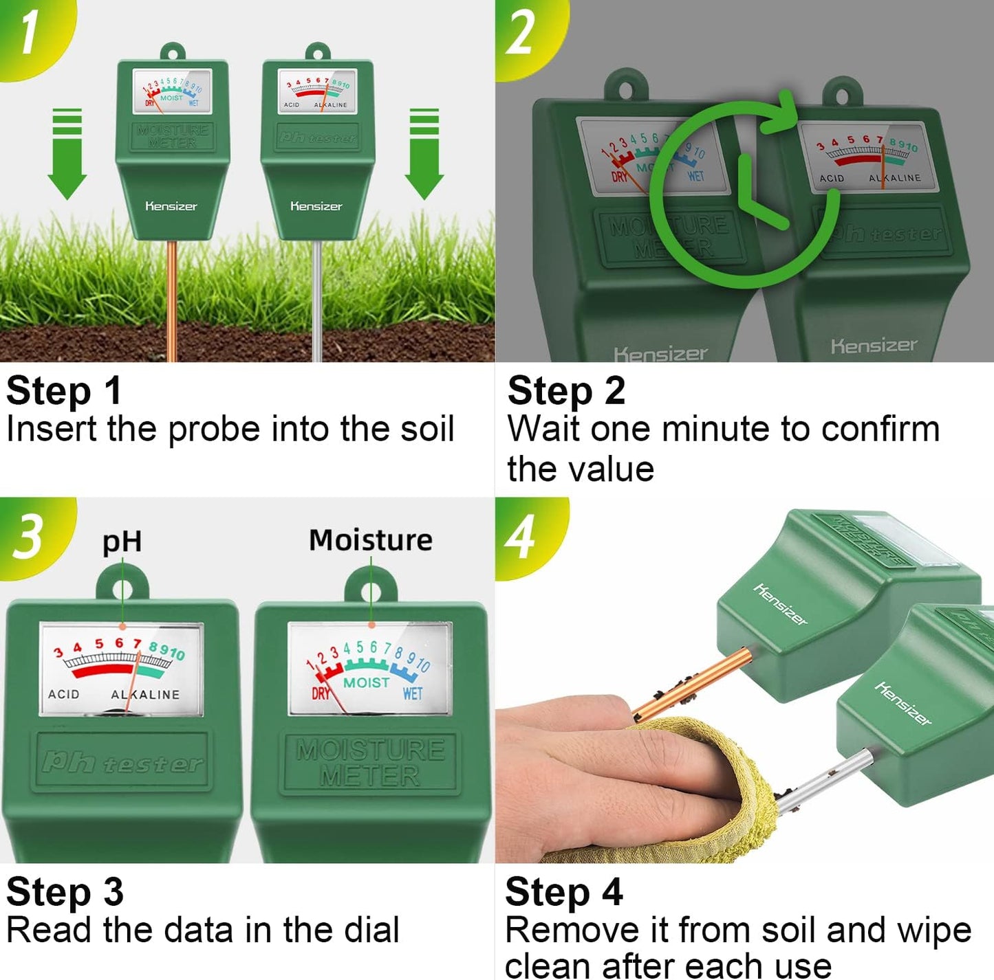 Kensizer Soil Tester, Soil Moisture/pH Meter, Gardening Farm Lawn Test Kit Tool, Digital Plant Probe, Water Hydrometer for Indoor Outdoor, No Battery Required