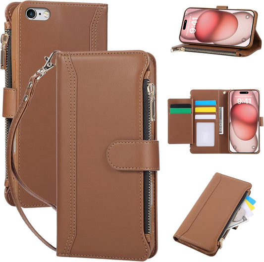 Compatible with iPhone 7/8/SE 2020/SE 2022 Wallet Case PU Leather Shockproof Protective Cover with Credit Card Slots, Zipper Pocket Detachable Wrist Strap,Unisex Design for Men/Women-Brown