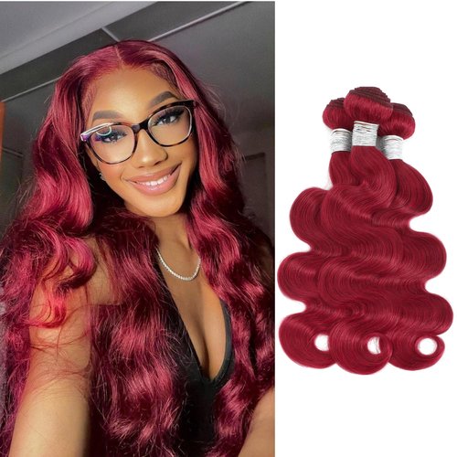 Anmetan Red Burgundy 3 Bundles Human Hair Body Wave, 12A Colored 100% Unprocessed Remy Hair Soft and Bouncy Burgundy Cherry Red 99J Human Hair Wavy Bundles Sew in Double Weft Quick Weave 10 12 14 Inch