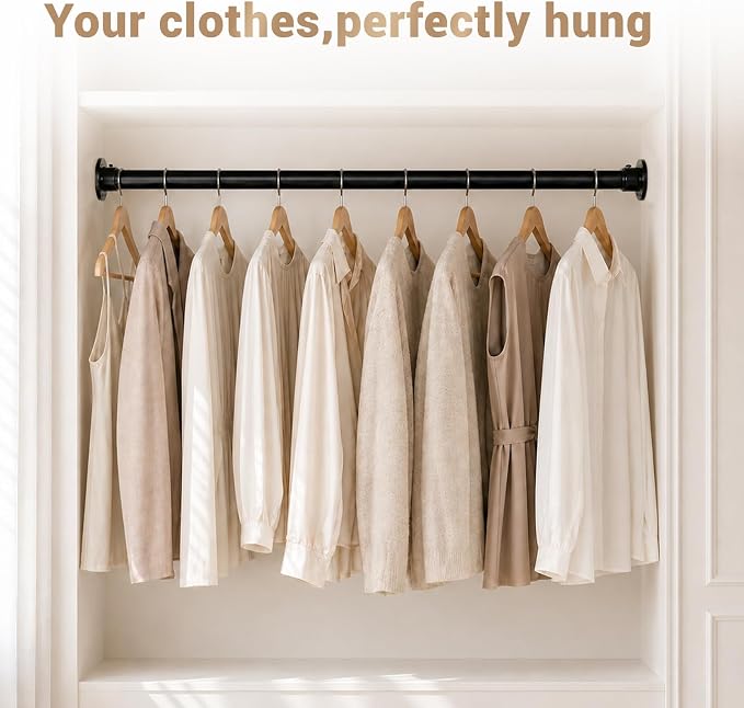 Closet Rod Adjustable 17 to 68 Inch, 1-1/4” Diameter, Closet Rods for Hanging Clothes, Stepless Metal Heavy Duty Hanging Rod for Closet Wardrobes Laundry RV (Black)