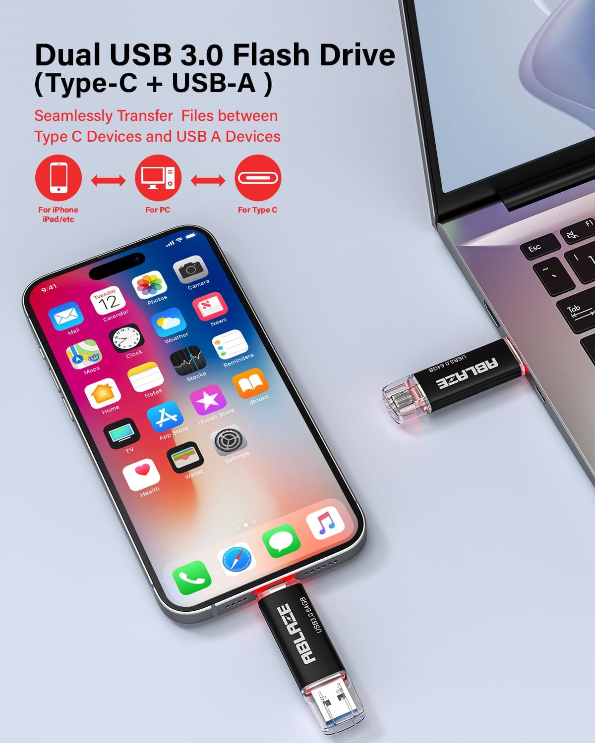 ABLAZE Type C Flash Drive 64GB 5 Pack, Dual USB 3.0+USB C Flash Drive Compatible with iPhone 16/15, Android Smartphone, Computer,Tablet Mac Laptop (5 Pack)