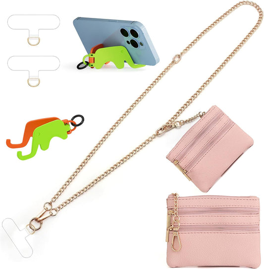 Clip and Go Strap for Phone Gold Metal Chain with Pink Purse Wallet Crossbody Phone Lanyard for Women with Cell Phone Stand Holder 2 Patches Tether Adjustable Anti Theft for iPhone 16 15 14 All Phones