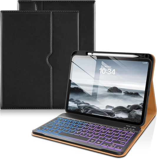 DTTO for iPad 11th (A16,2025)/ 10th Generation (10.9",2022) Case with Keyboard, 7 Colors Backlit Wireless Detachable Keyboard Premium Leather Folio Cover with Pencil Holder & Pocket, Black