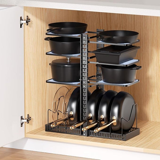 LAMU Pots and Pans Organizer under Cabinet, Adjustable Height Up to 24'', 6 Tier Pot Organizer Rack with 6 Horizontal Dividers, Adjustable Pot and Pan Organizer for Kitchen Storage, Black