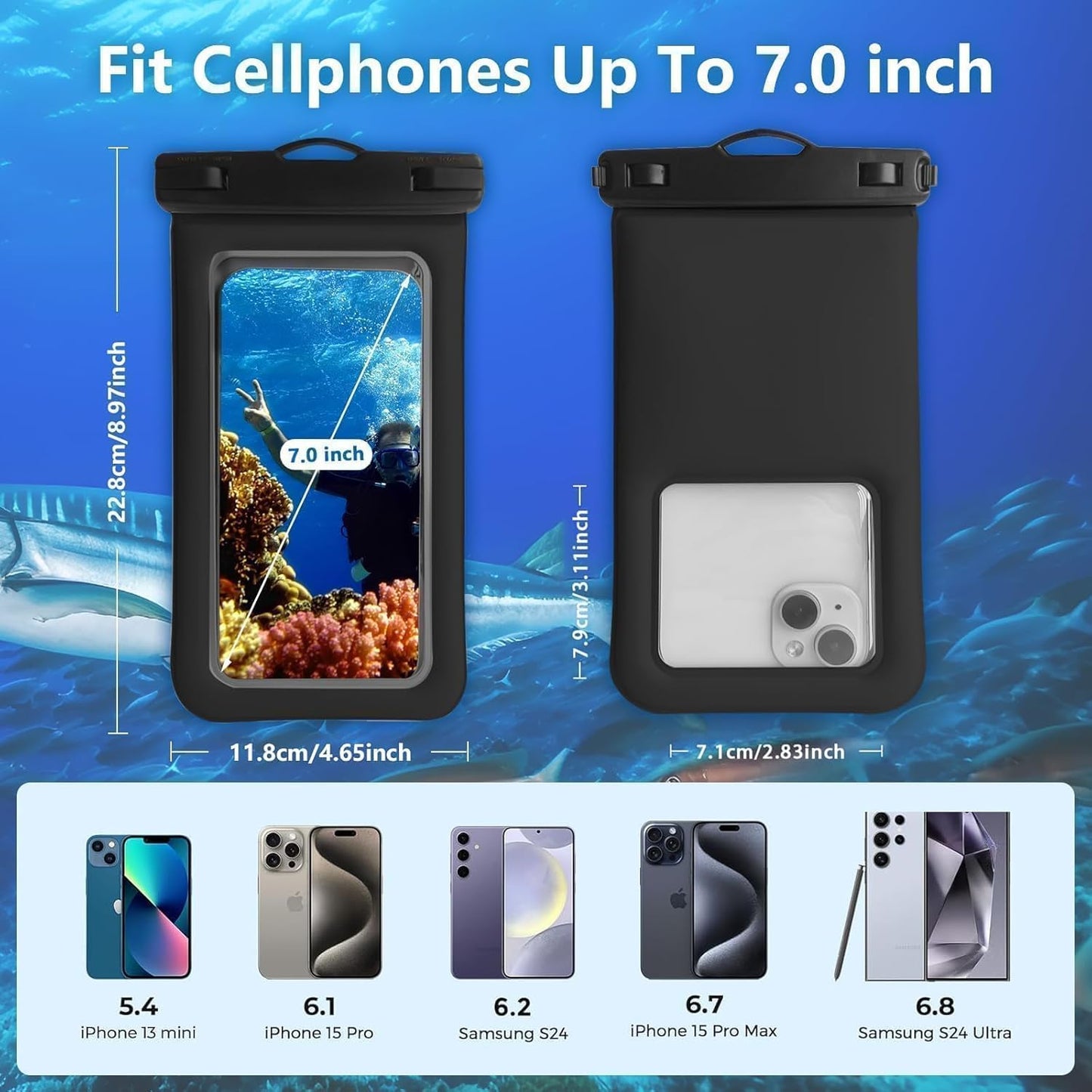 Floatable Waterproof Phone Pouch Case 2 pax for iPhone 16 Pro Max/15/14/13/12, IP68 Travel Cellphone Dry Bag Beach Cruise Ship Essentials Bags with Crossbody Lanyard,Black and White-7″