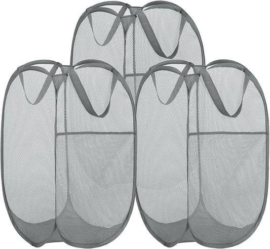 BATTOO 3 Pack Collapsible Laundry Basket Strong Mesh Pop Up Laundry Hamper for Laundry Foldable Hampers with Side Pocket Reinforced Handles for Bathroom, Kids Room, College Dorm or Travel Grey