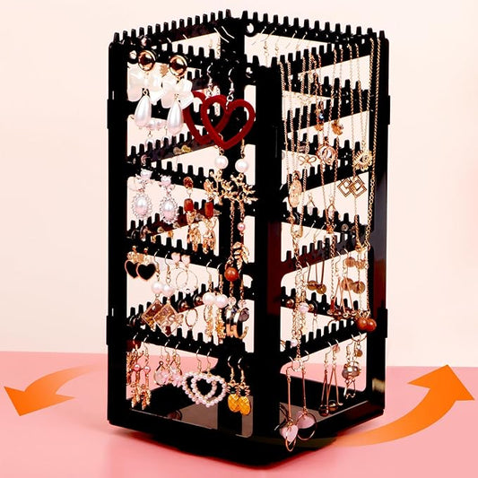 360° Rotating Jewelry Organizer Stand with 5 Layers,Acrylic Earring Holder Organizer Stand,212 Holes and 212 Grooves for Studs,Dangly Earrings,Chains,Bracelets,Necklace