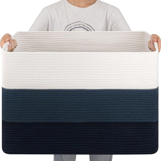 OIAHOMY 108L Super Large Blanket Basket, 25”x16”x16” Rectangle Woven Baskets for Storage, Cotton Rope Basket For Living Room, Toy Storage with Handle - Gradient Blue