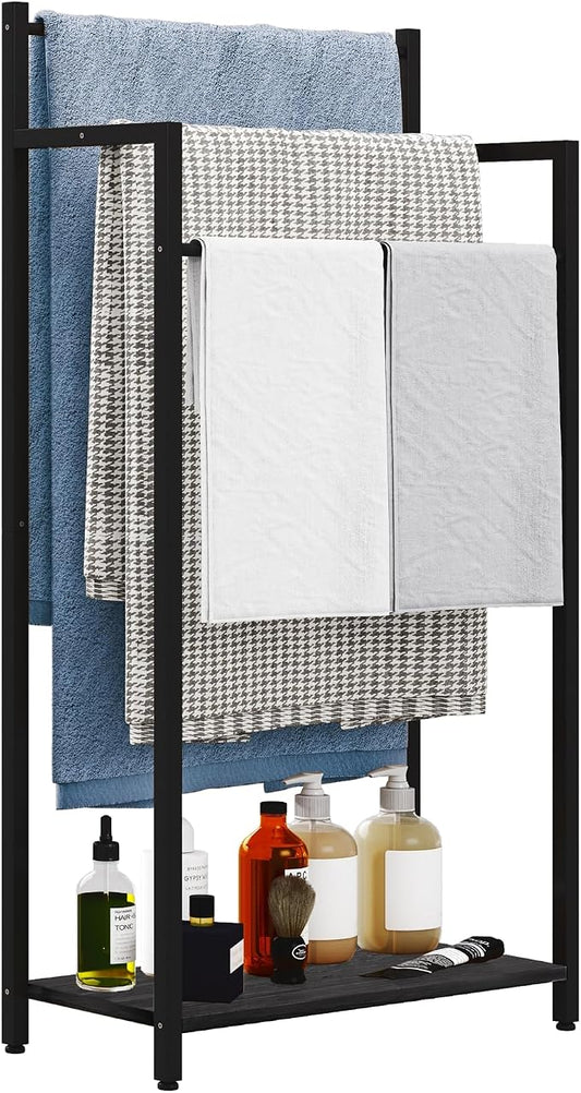 Freestanding Towel Rack, 3 Tier Blanket Ladder Stand with Black Wooden Shelf for Bathroom Living Room (31.5" H x 16.9" W x7.9 D)