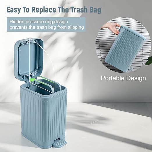 rejomiik Small Bathroom Trash Can with Lid Slim Soft Close Garbage Can Step Wastebasket Container Trash Bin for Office Bedroom Kitchen Living Room 1.9 Gallon, Light Blue