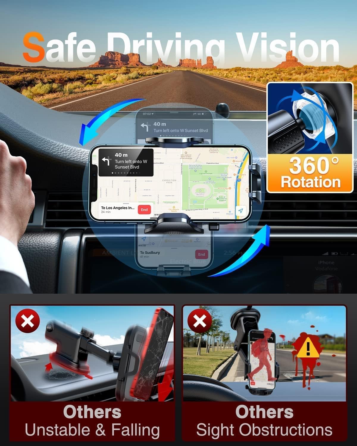 VANMASS Car Phone Holder Mount 2025 Upgraded [Patent Steel-Hook] Car Vent Phone Mount Clip Military-Grade Shockproof Cell Phone Car Mount Handsfree Truck Stand Vent Cradle for iPhone 16 Android,Black
